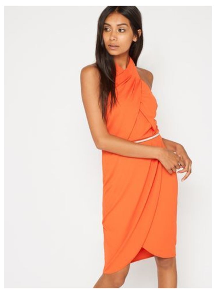 Womens Orange Twist Front Wrap Dress, Orange