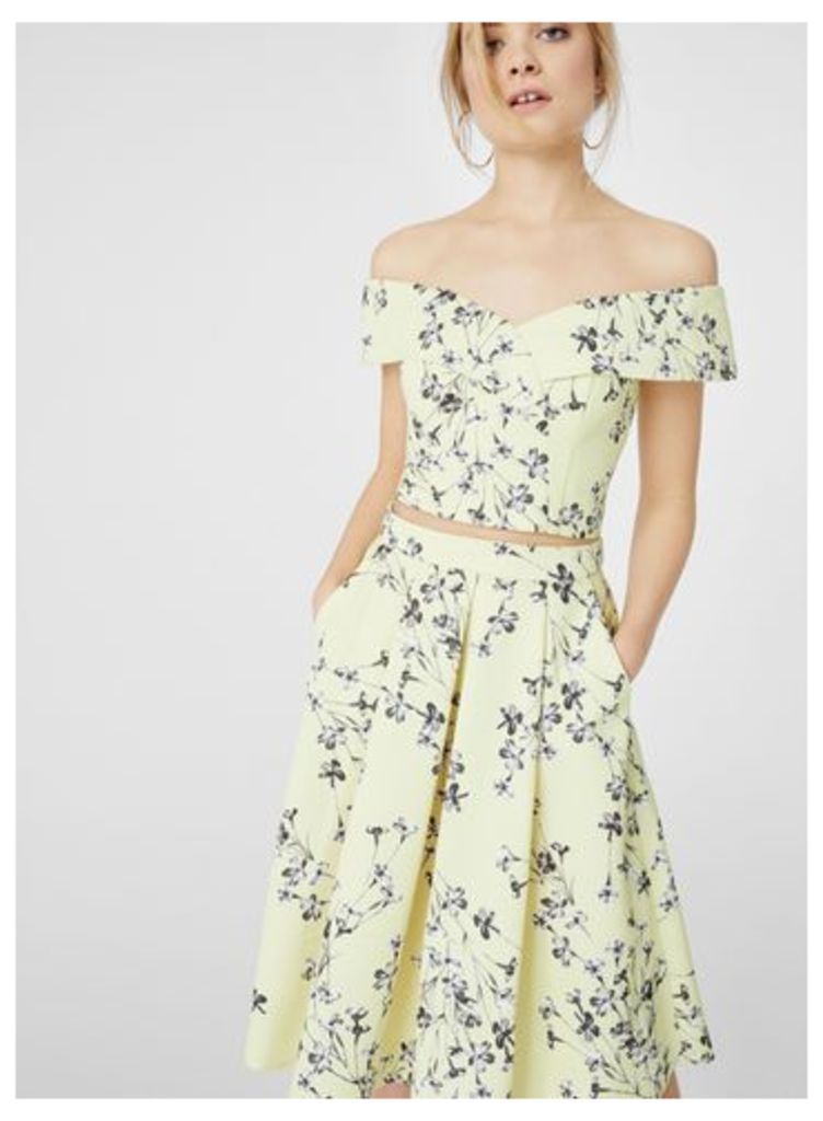 Womens Yellow Floral Print Midi Skirt, Assorted