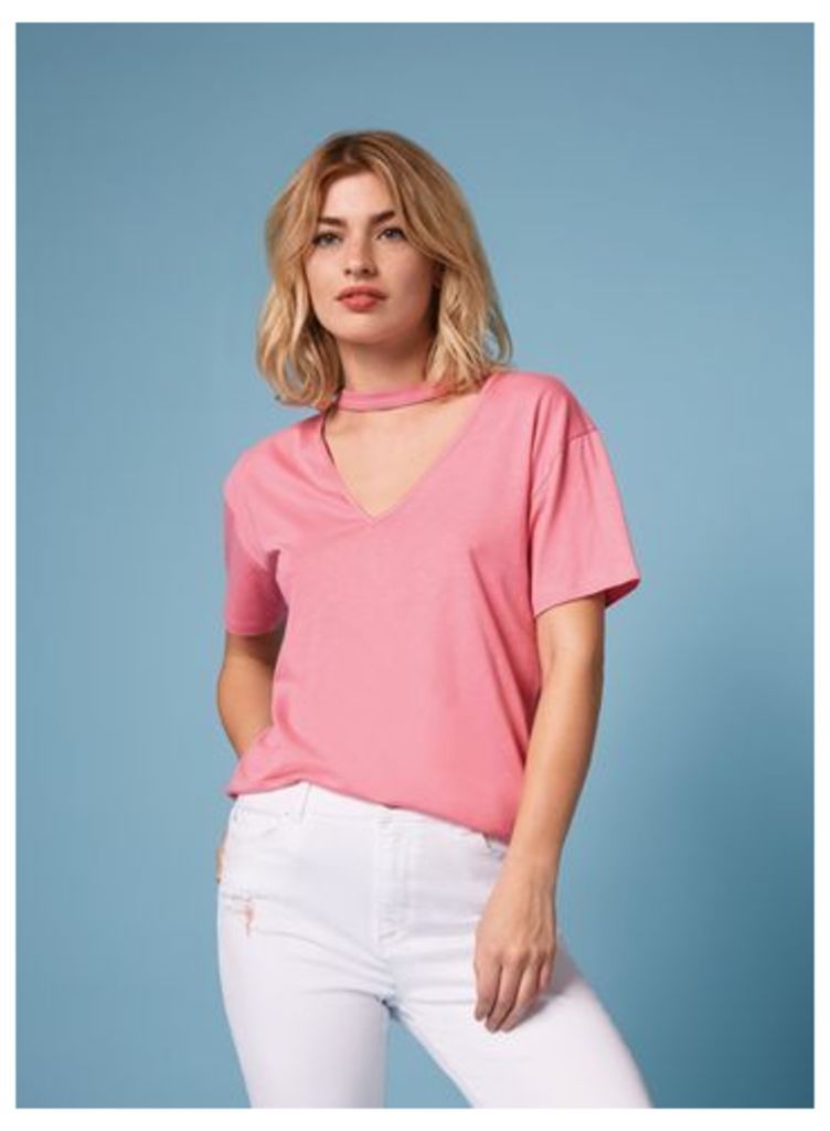 Womens Pink Choker Neck T-Shirt, Pink
