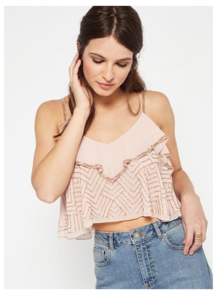 Womens Pink Ruffle Embellished Camisole Top, Pink