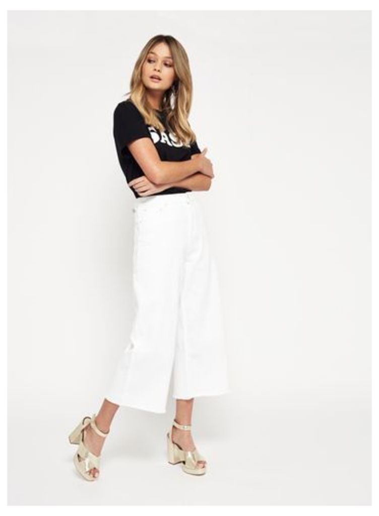 Womens White Wide Crop Jeans, White