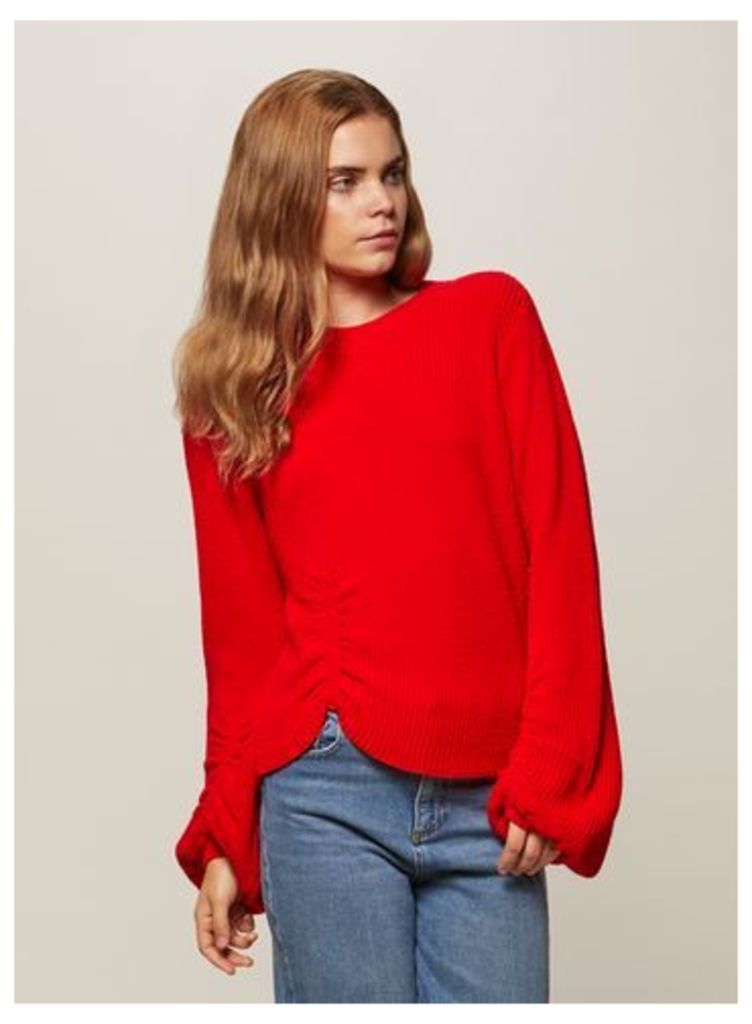 Womens Red Balloon Sleeve Knitted Jumper, Red
