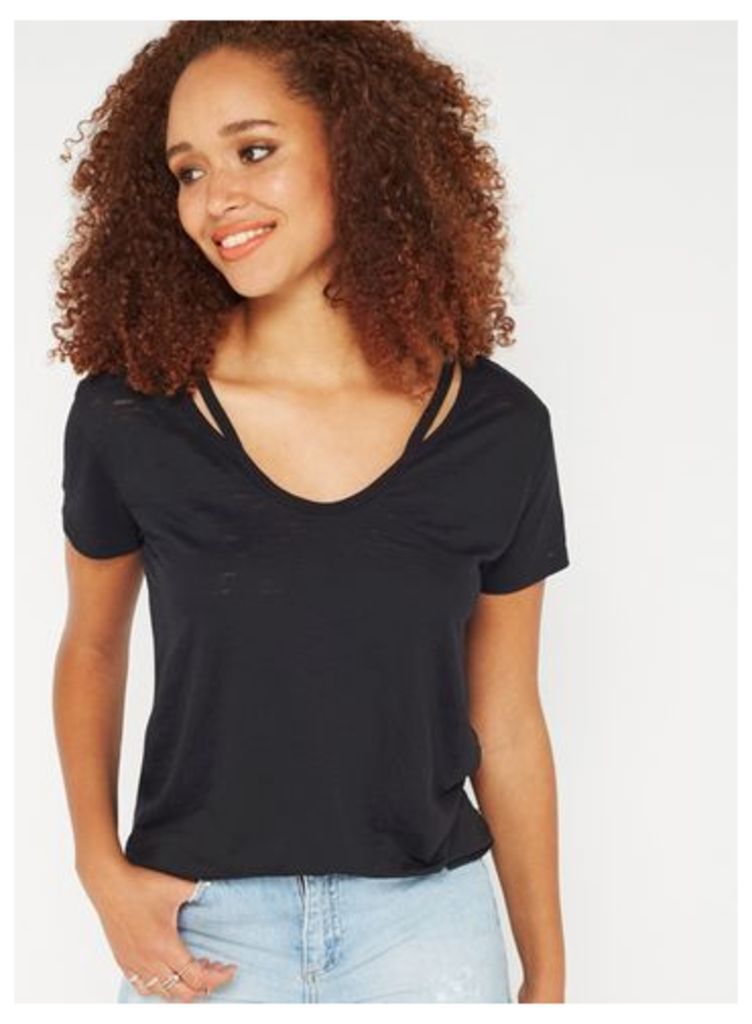 Womens Black Burnout V-Neck T-Shirt, Black