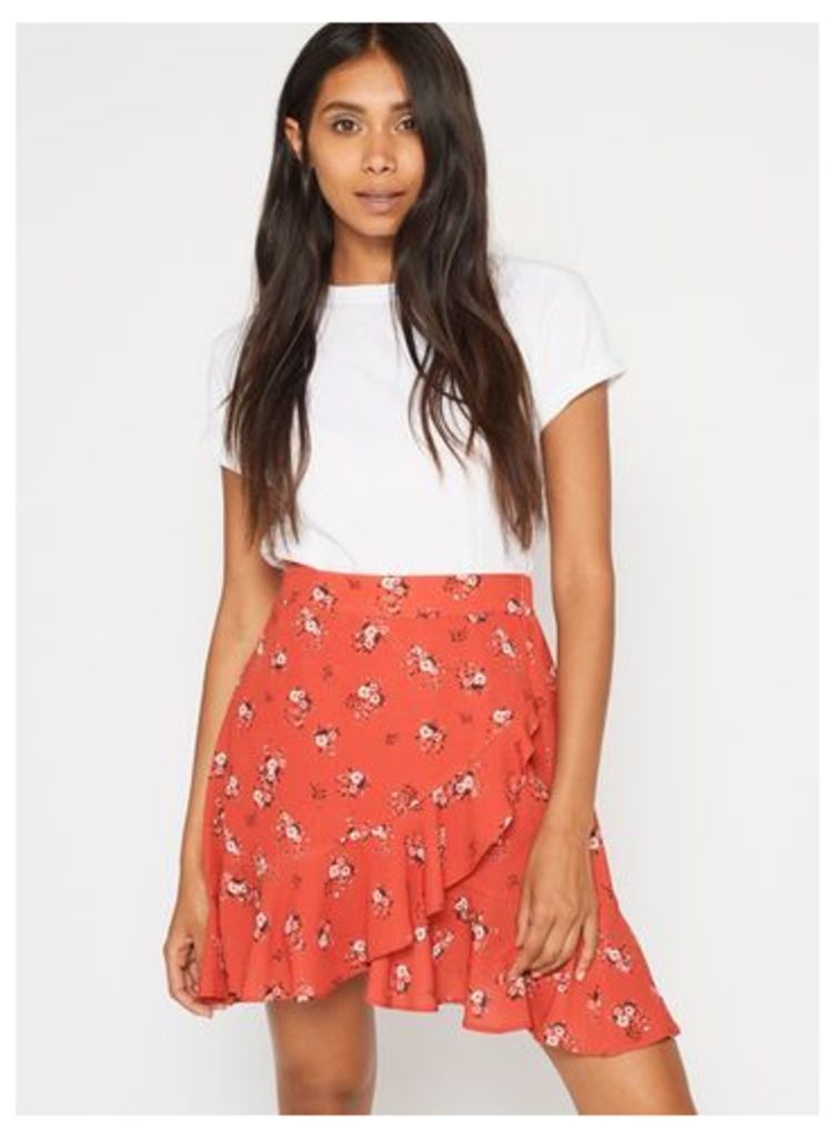 Womens PETITE Asymmetric Floral Print Skirt, Red