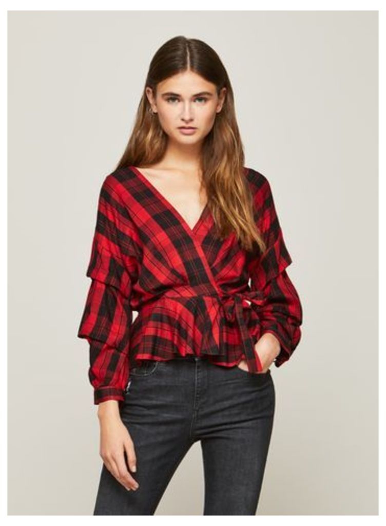 Womens Red Checked Tuck Sleeve Wrap Blouse, Assorted