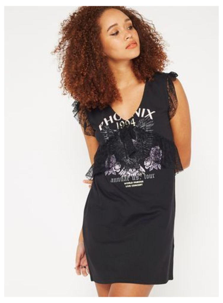 Womens Black Lace Placement Print T-Shirt Dress, Black