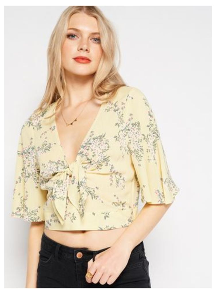 Womens Yellow Floral Ruffle Crop Top, Assorted