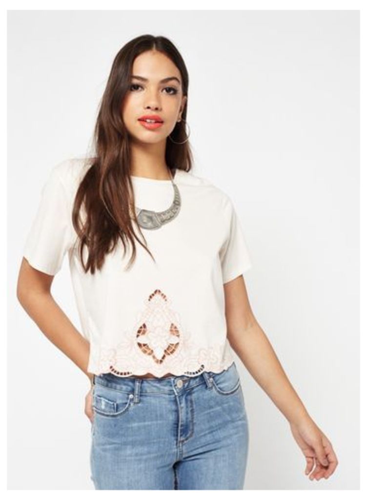 Womens Nude Embroidered Crochet T-Shirt, Nude