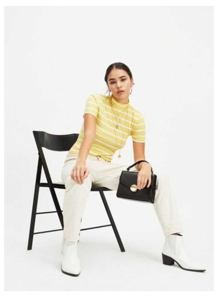 Womens Petite Yellow Striped Roll Neck Top, PALE YELLOW