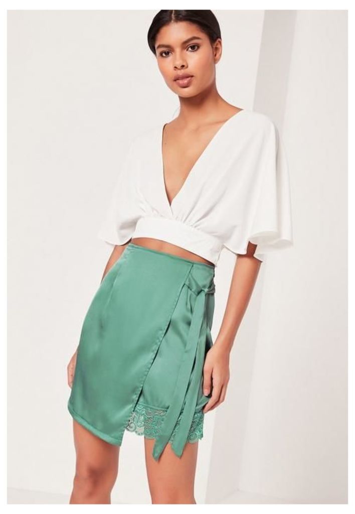 Satin Wrap Asymmetric Hem Lace Mini Skirt Green, Cream