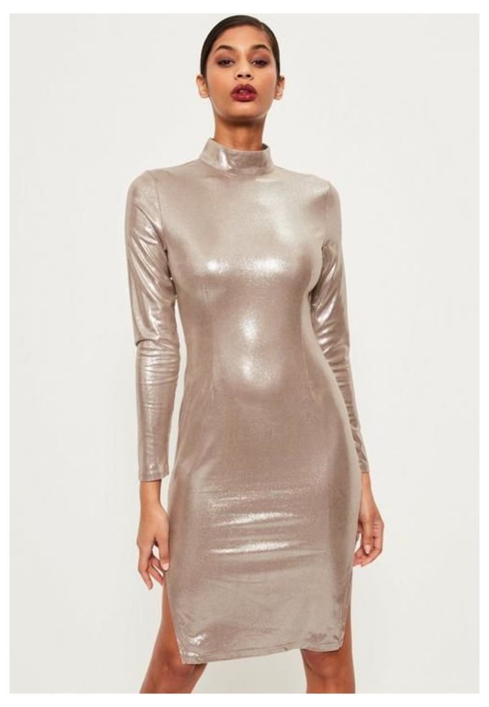 Silver High Neck Foiled Suede Midi Dress, Grey