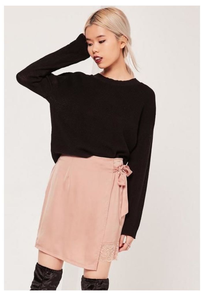 Pink Petite Satin Wrap Asymmetric Lace Hem Mini Skirt, Gold