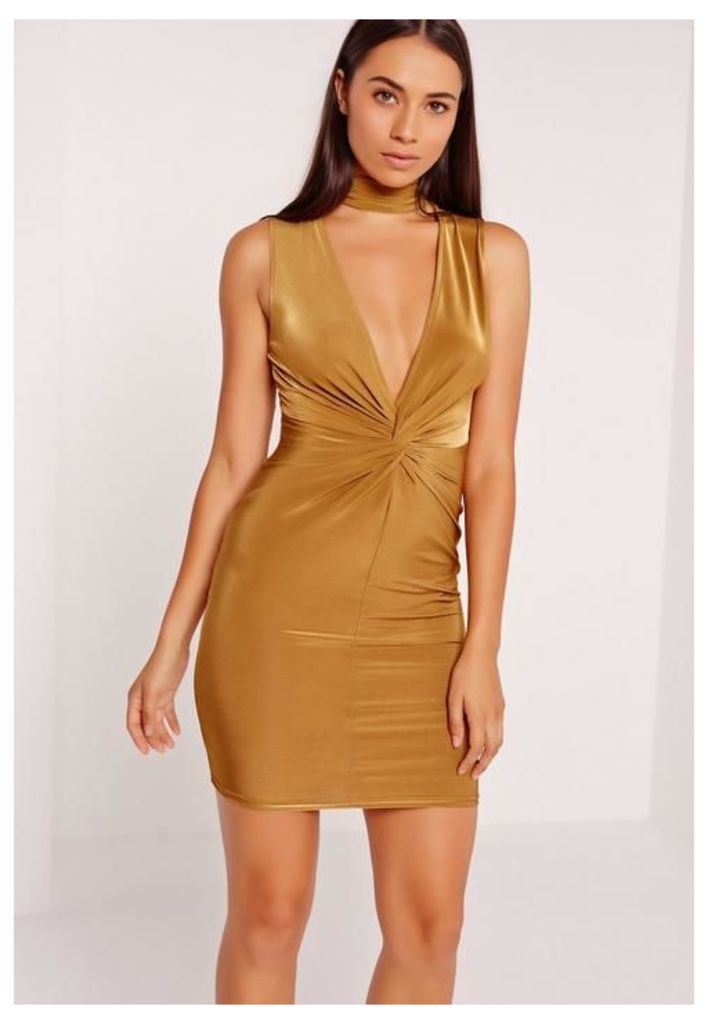 Twist Front Plunge Bodycon Dress Gold, Olive