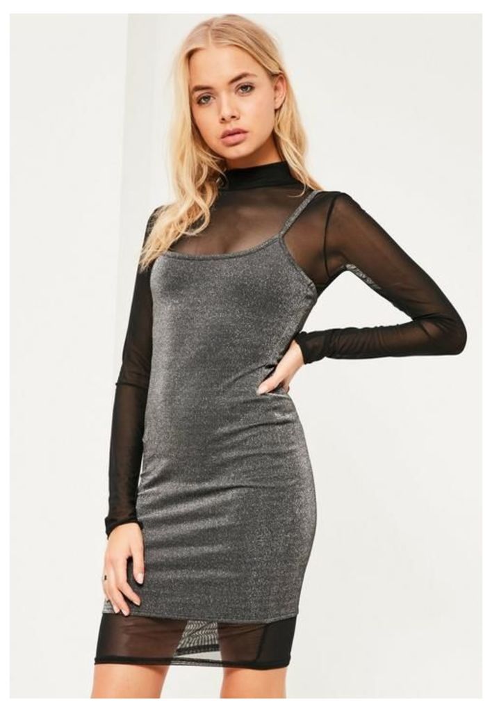 Grey Metallic 2 in 1 high neck dress, Grey