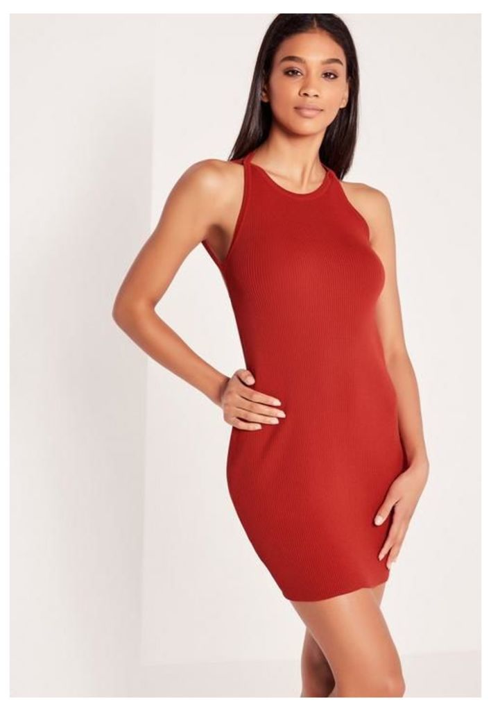 Dipped Back Knitted Bodycon Dress Red, Red
