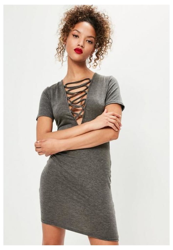 Grey Short Sleeve Lace Up Front Bodycon Dress, Grey