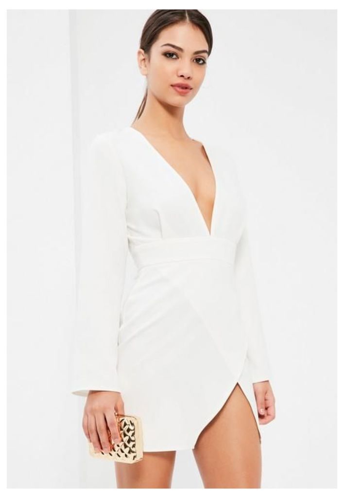 White Plunge Neck Asymmetric Bodycon Dress, White