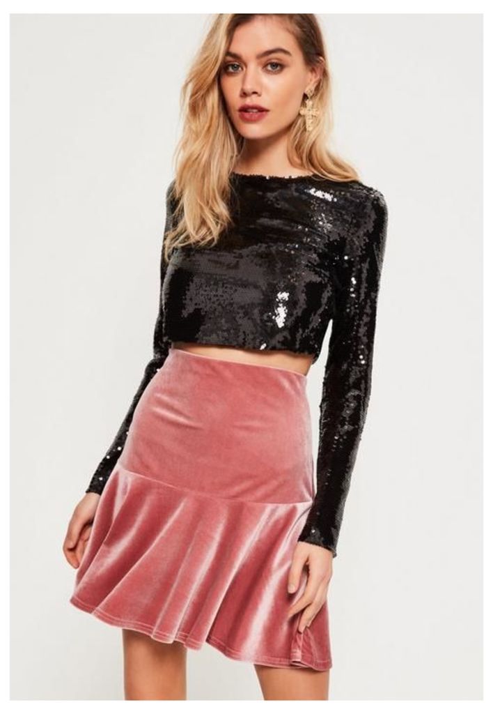 Frill Hem Velvet Mini Skirt Pink, Pink
