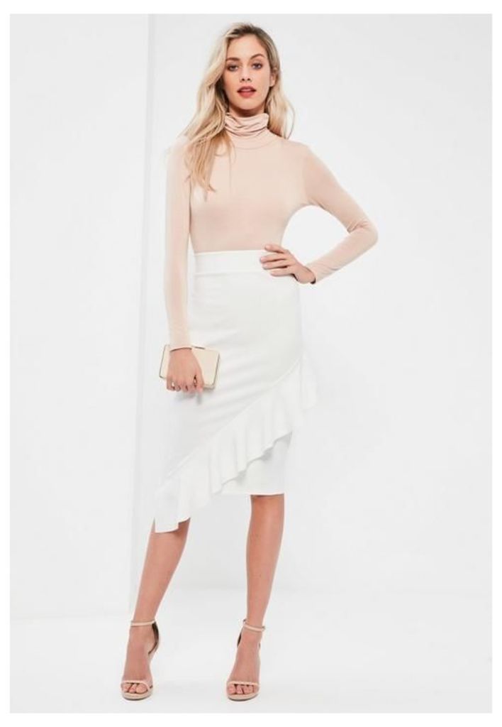 White Jersey Crepe Frill Front Midi Skirt, White