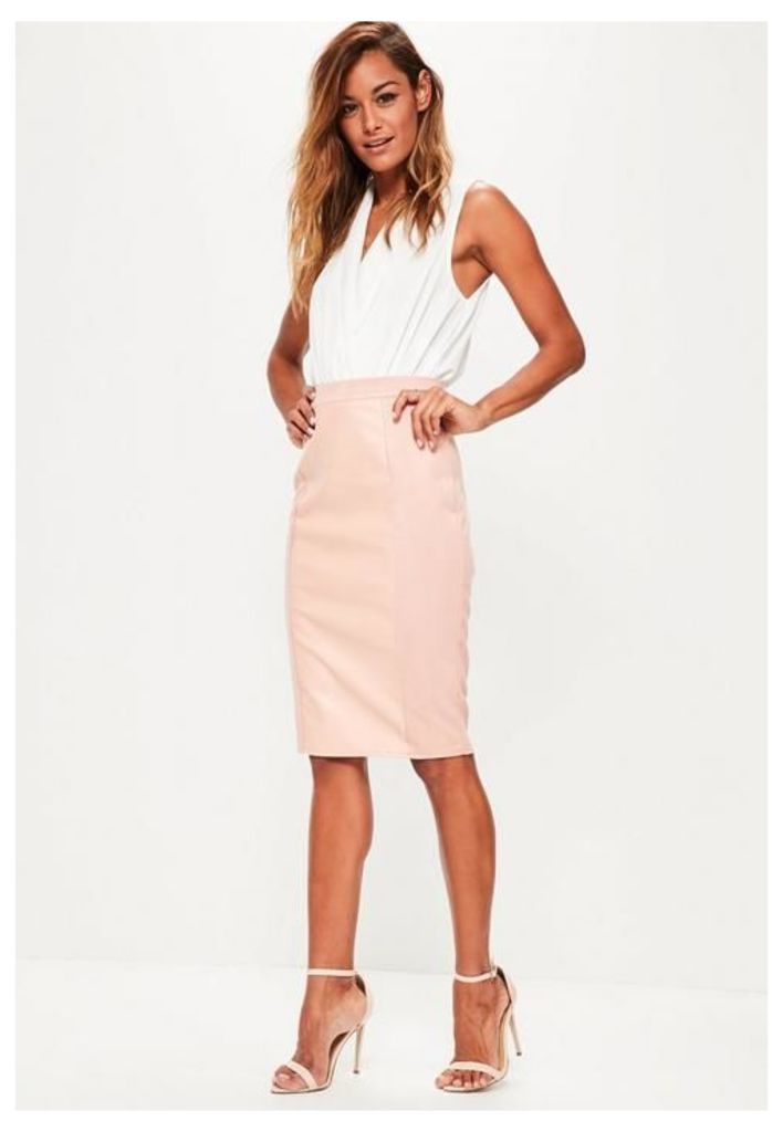 Pink Faux Leather Suede Panelled Midi Skirt, Pink