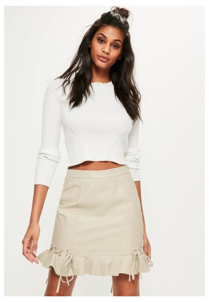 Cream Faux Leather Frill Mini Skirt, Cream