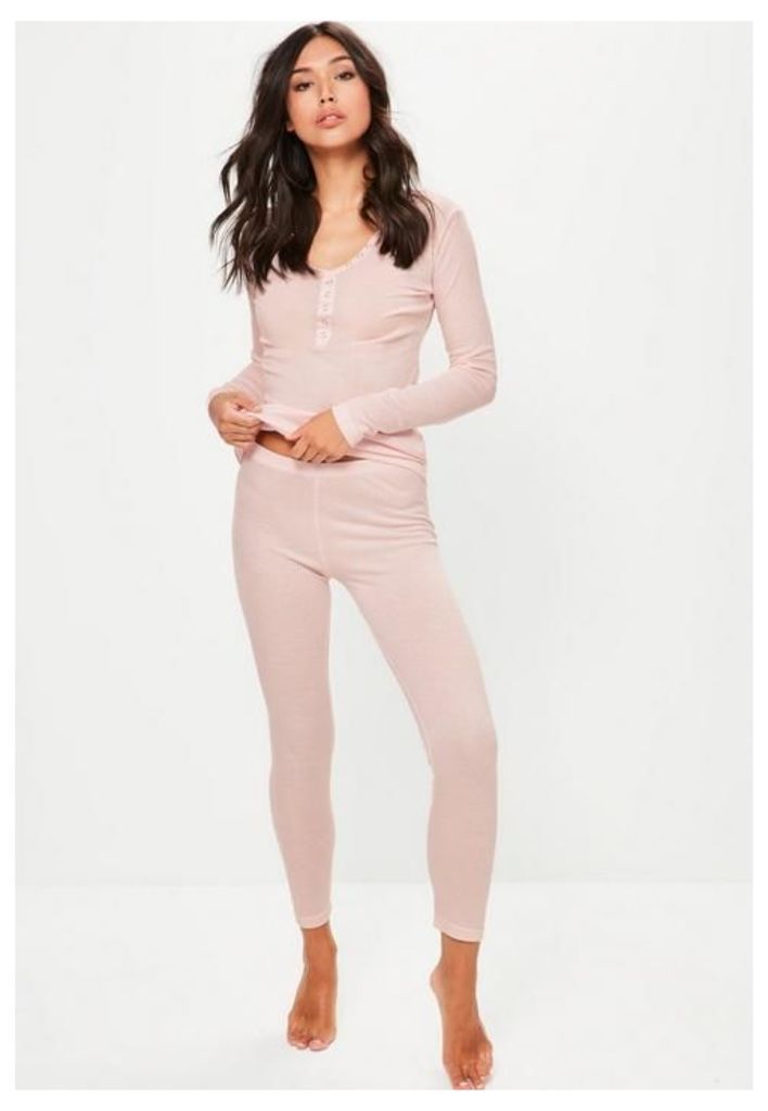 Pink Ribbed Top & Leggings Pyjama Set, Pink