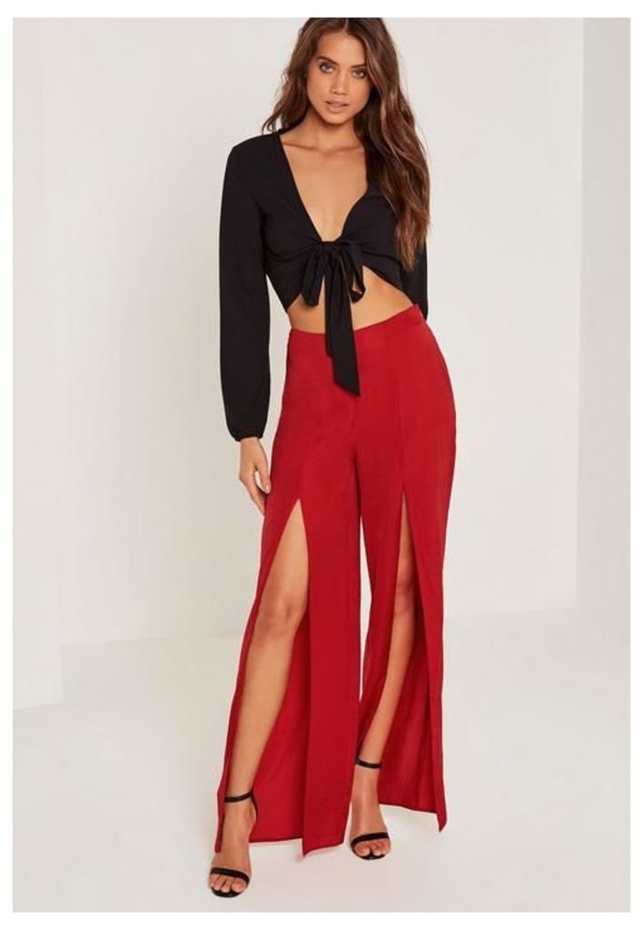 Satin Split Front Wide Leg Trousers Red, Red