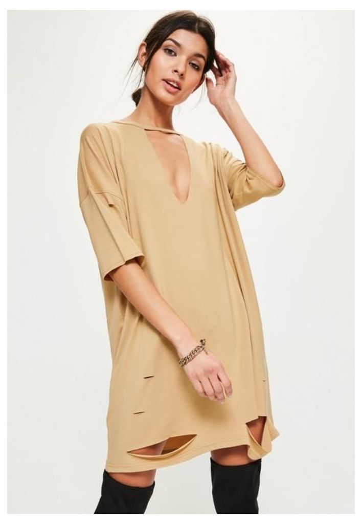 Camel Choker Neck Plunge T-Shirt Dress, Beige