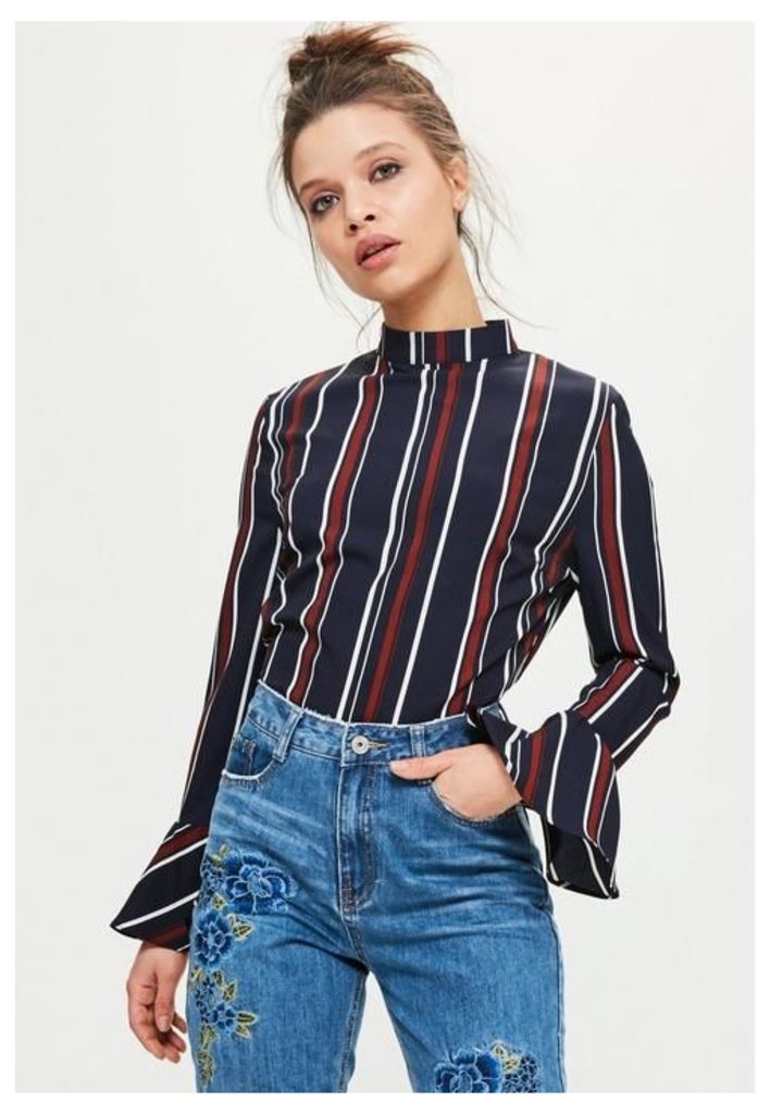 Petite Exclusive Navy Stripe Frill Sleeve Blouse, Blue