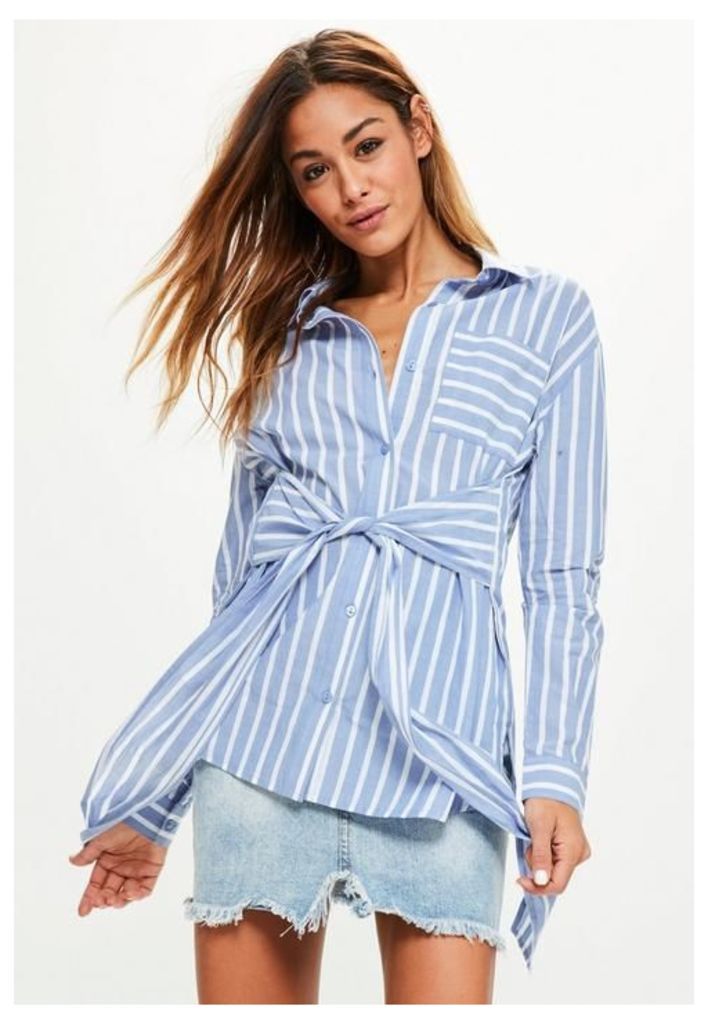 Blue Striped Tie Front Pocket Detail Shirt, Blue