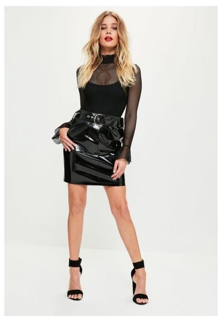 Black Shine Faux Leather Buckle Mini Skirt, Black