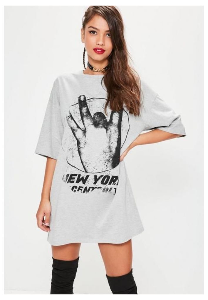 Grey Oversized Graphic New York Tshirt Dress, Grey