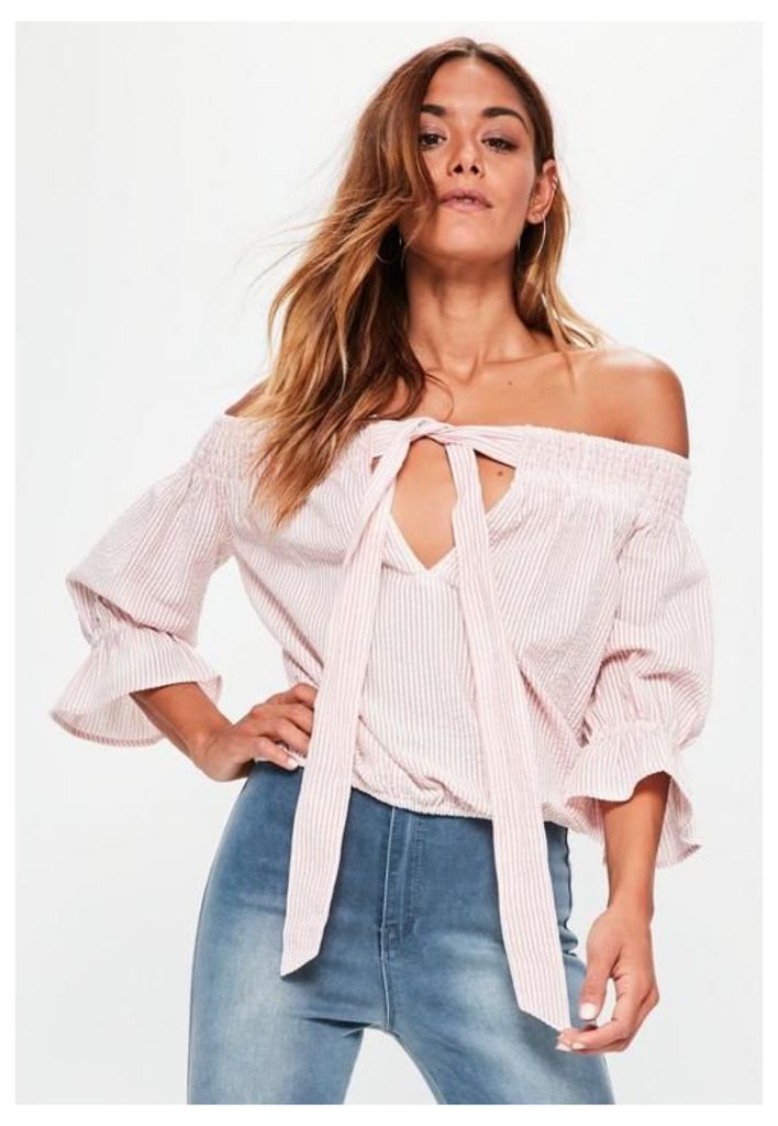 Pink Tie Front Bardot Blouse, Pink