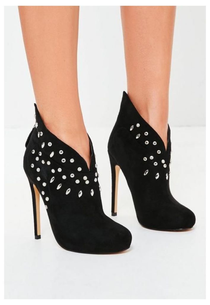 Black Faux Suede Studded Wing Back Ankle Boots, Black