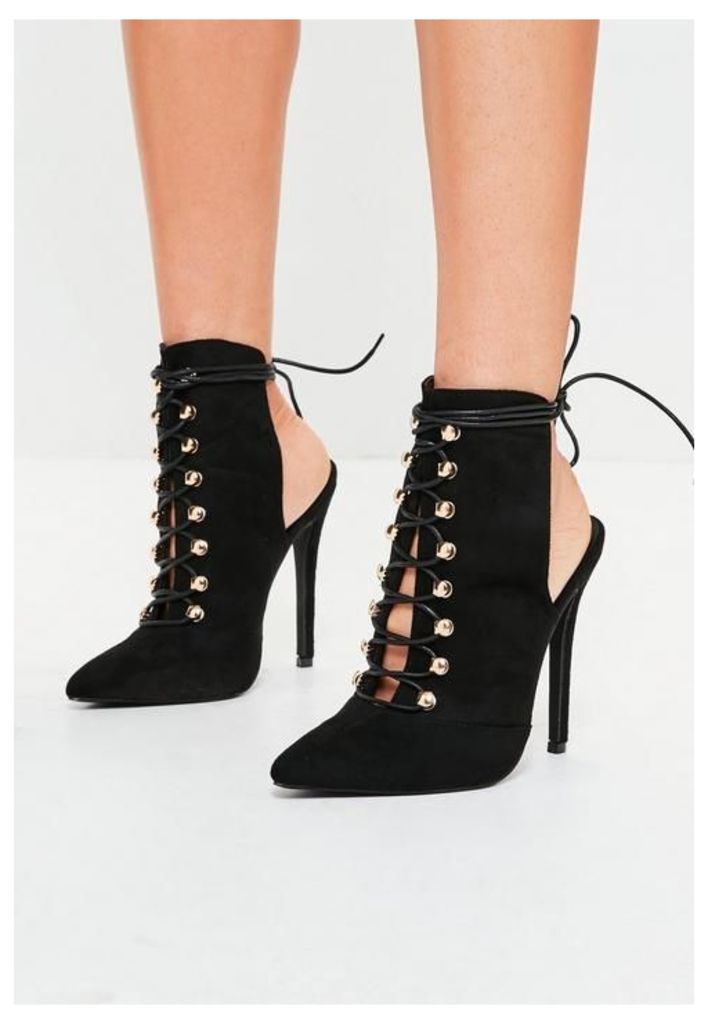 Black Pointed Stilletto Lace Up Ankle Boots, Black