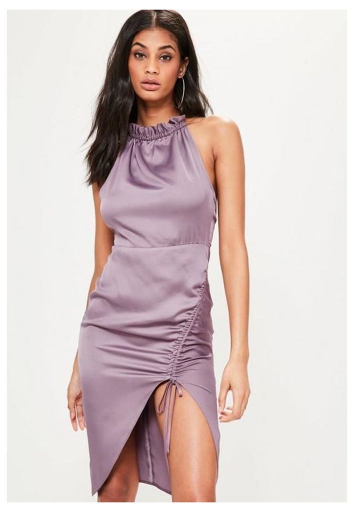 Purple Silky Ruched Midi Dress, Purple