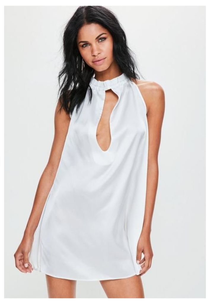 White Silky Ruched Neck Swing Dress, White