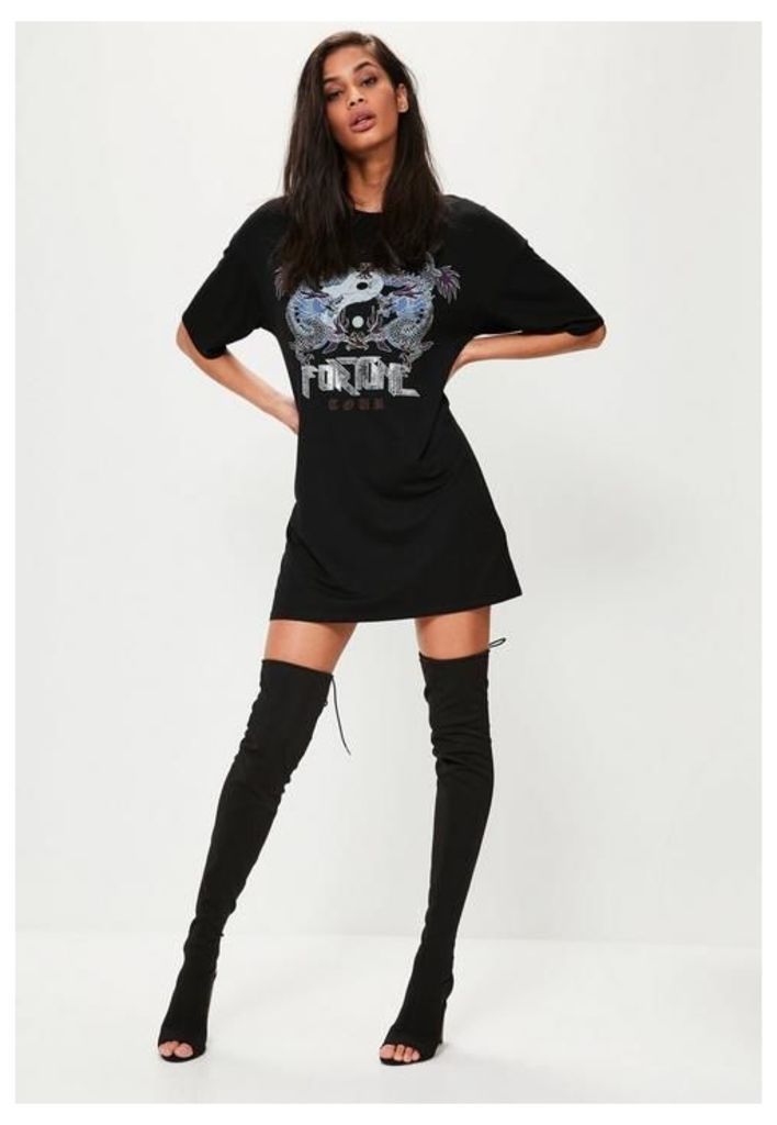 Black Graphic Rock Metal Corset Back T-Shirt Dress, Black