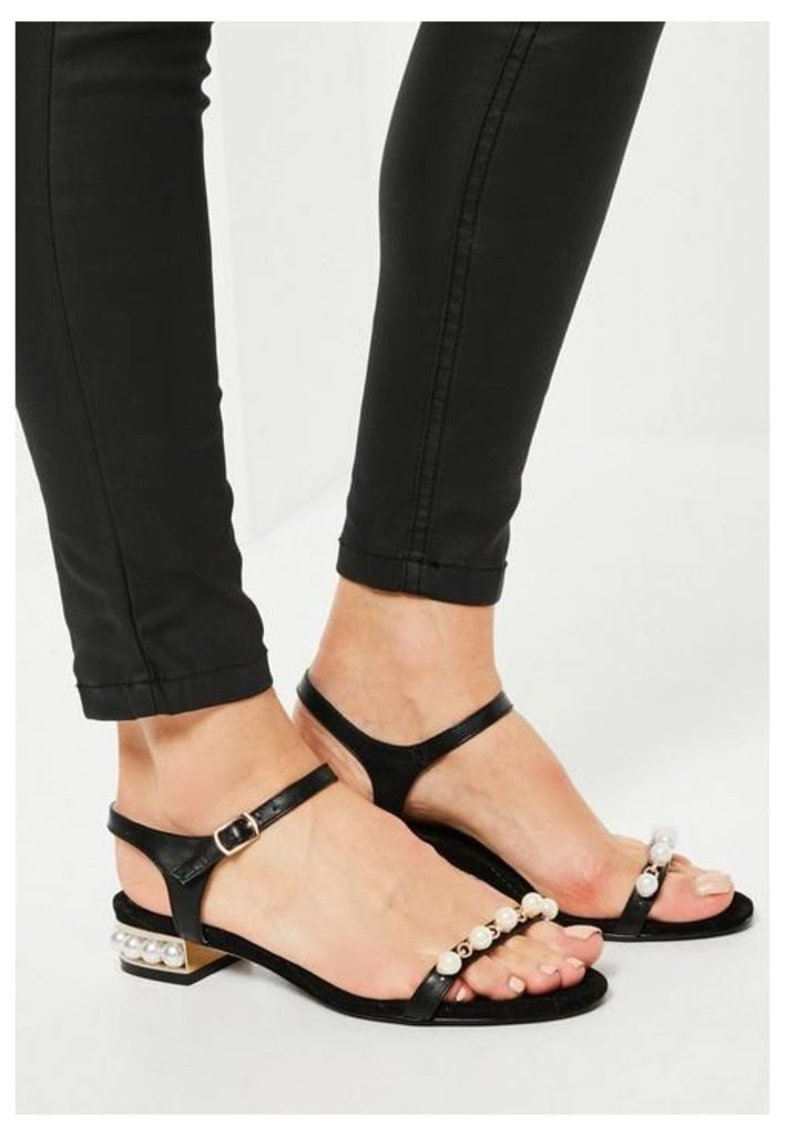 Black Pearl Detail Sandals, Black