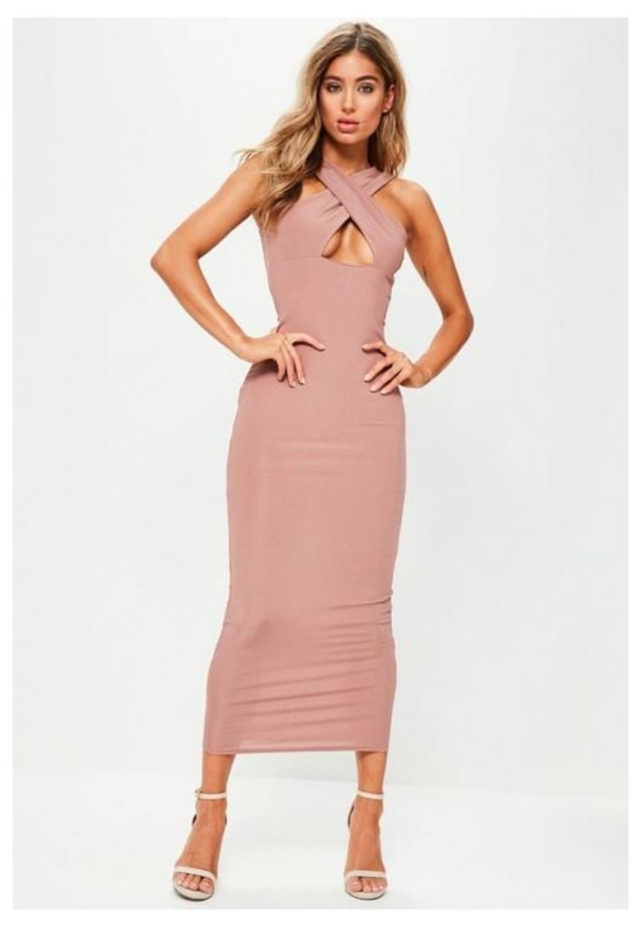 Pink Ribbed Cross Front Ankle Grazer Dress, Rose