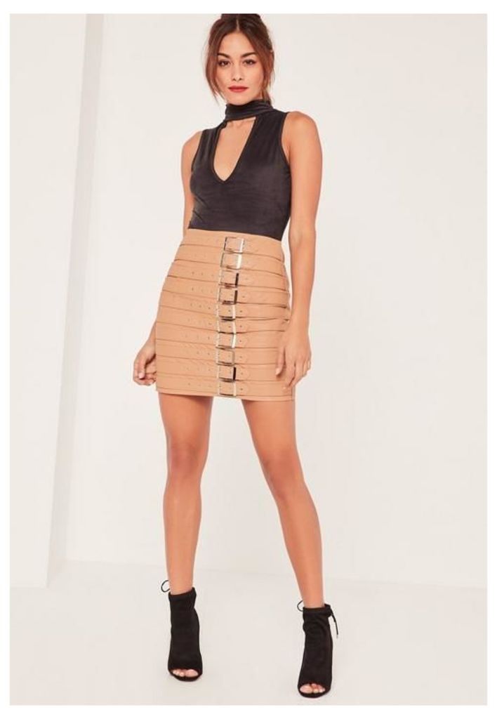 Nude Faux Leather Buckle Detail Mini Skirt, Beige