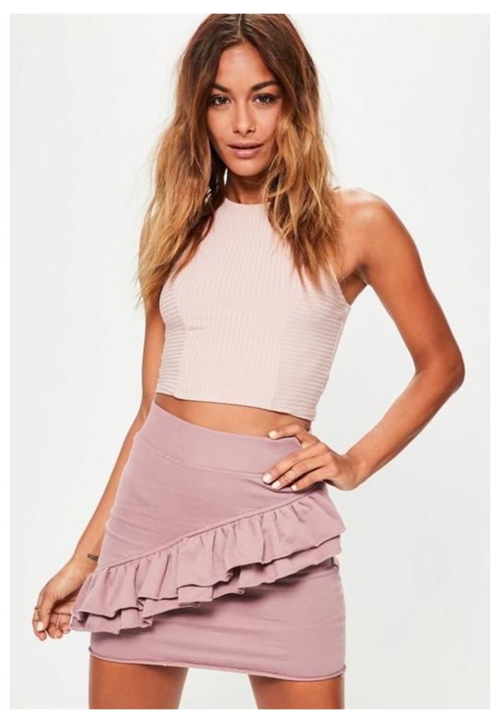 Pink Jersey Frill Detail Raw Hem Mini Skirt, Pink