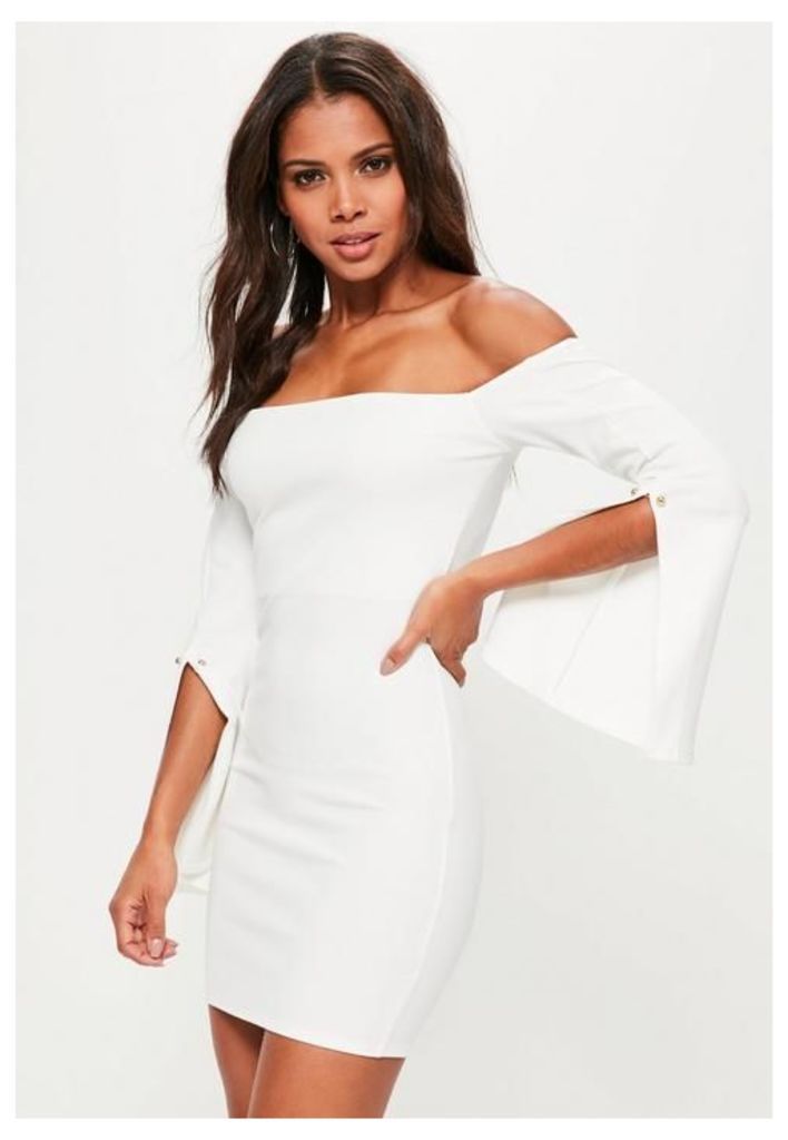 White Bardot Flared Sleeve Metal Detail Bodycon Dress, White