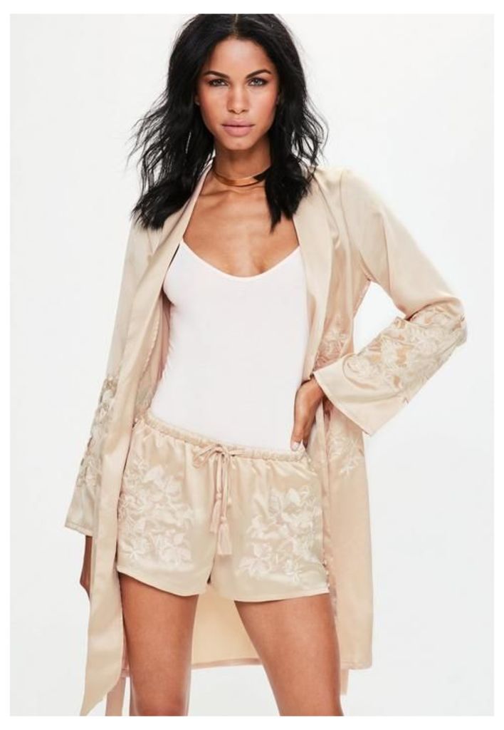 Nude Satin Embroidered Button Side Shorts, Gold