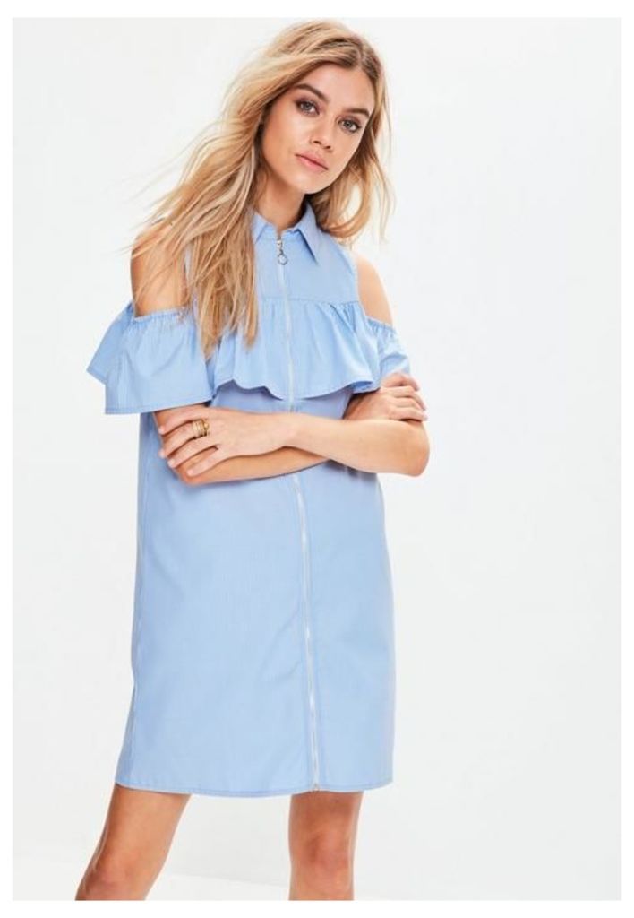 Blue Striped Ruffle Front Zip Dress, Blue