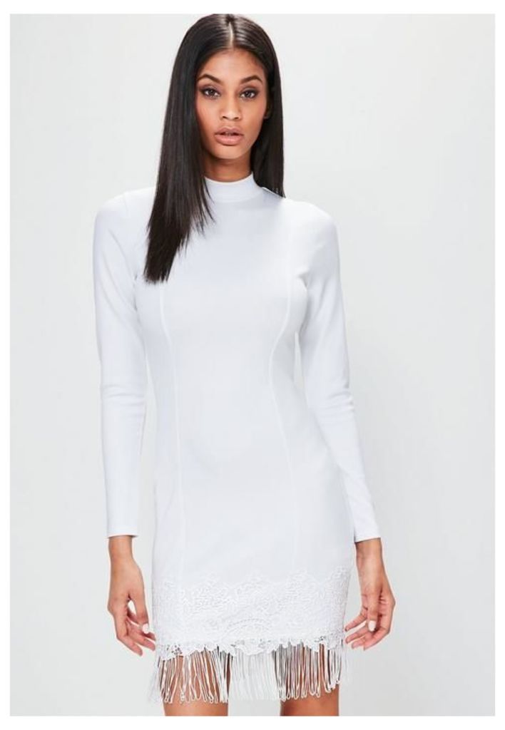 White Long Sleeve High Neck Tassel Hem Dress, White
