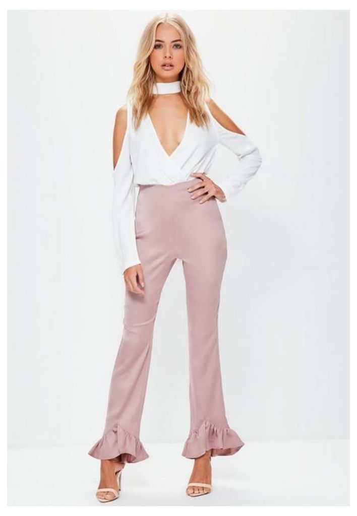 Pink Satin Back Crepe Pointed Frill Hem Trousers, Beige