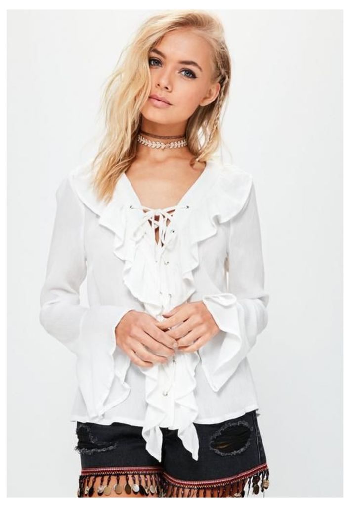 White Cheesecloth Lace Up Frill Blouse, White