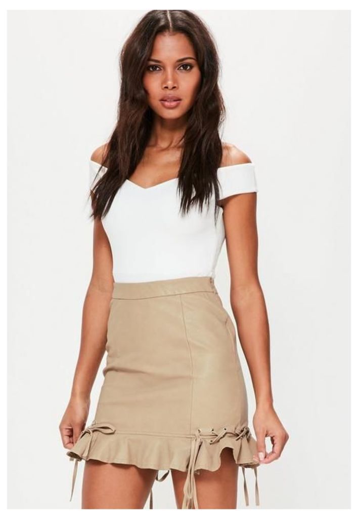 Tan Faux Leather Frill Eyelet Mini Skirt, Brown