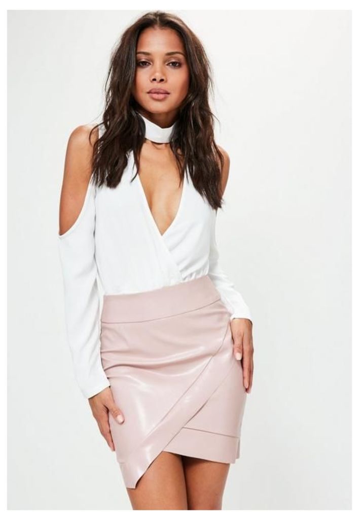 Pink Asymmetric Faux Leather Mini Skirt, Beige